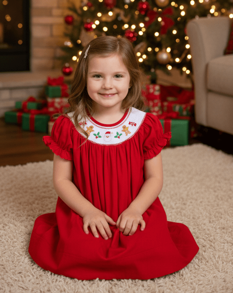 Red Velvet Christmas Smocked Bishop Dress - Lil Cactus