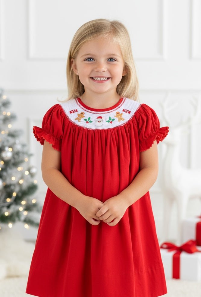 Red Velvet Christmas Smocked Bishop Dress - Lil Cactus