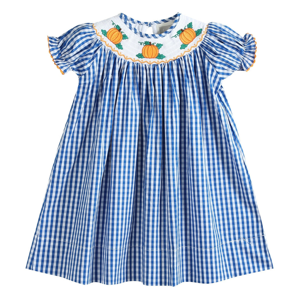 Royal Blue Gingham Pumpkin Smocked Bishop Dress - Lil Cactus