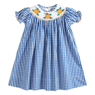 Royal Blue Gingham Pumpkin Smocked Bishop Dress - Lil Cactus