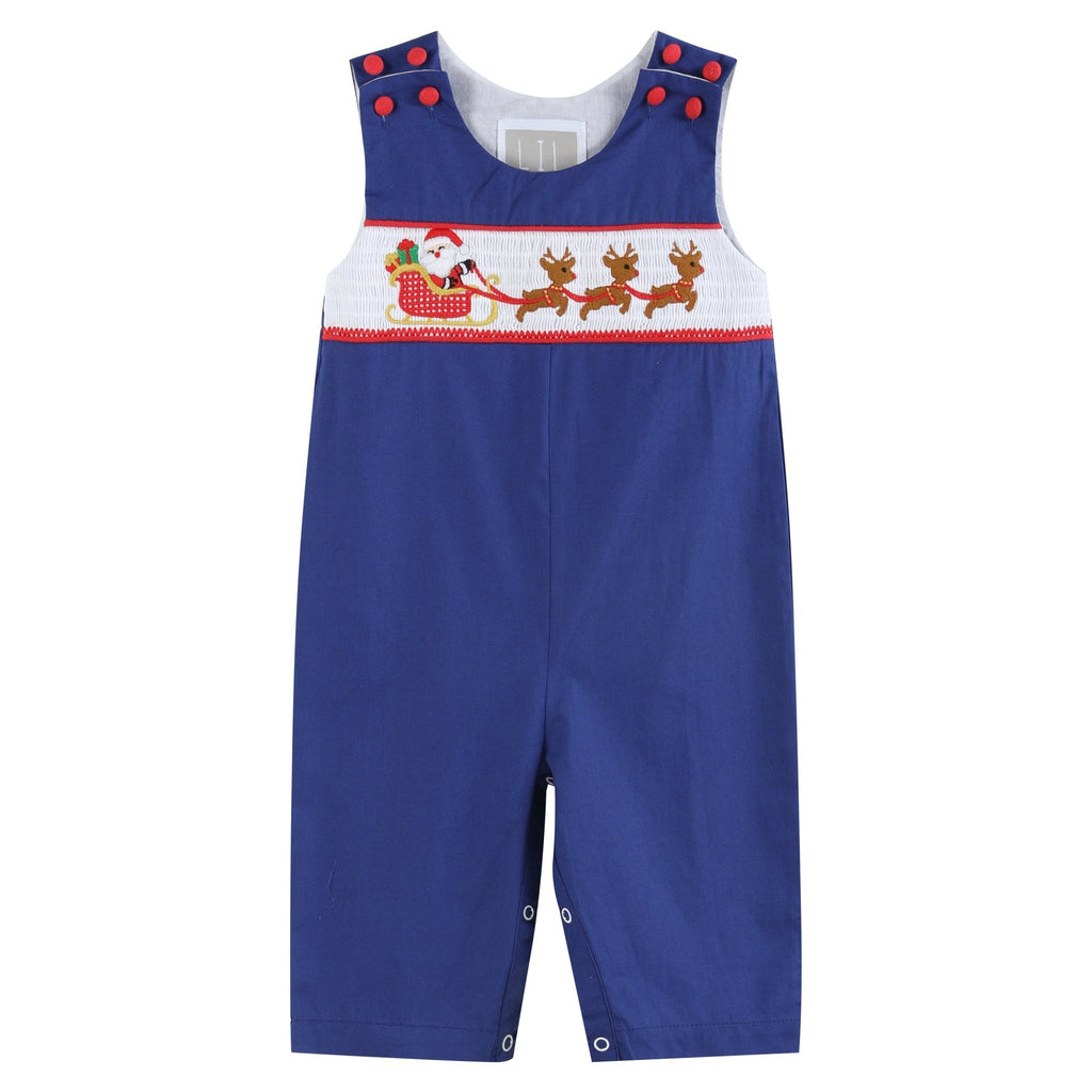 Royal Blue Santa and Sleigh Smocked Overalls - Lil Cactus