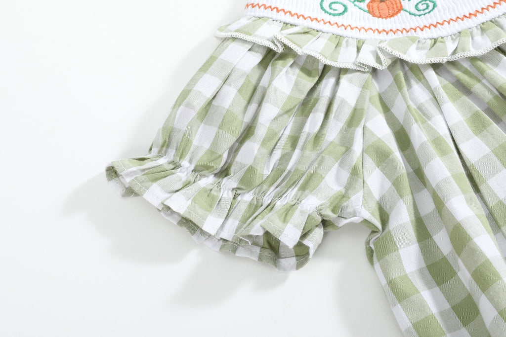 Sage Green Gingham Pumpkin Smocked Bishop Dress - Lil Cactus