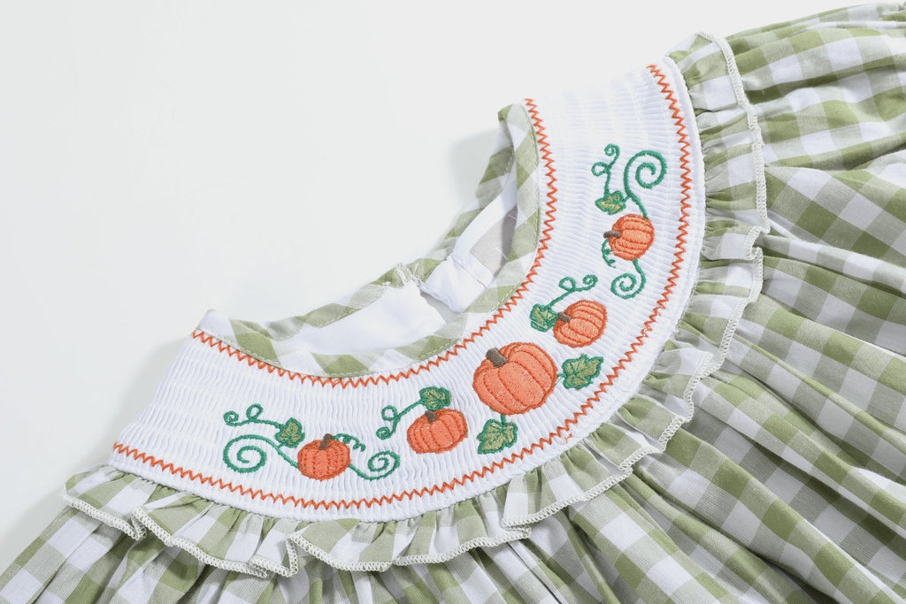 Sage Green Gingham Pumpkin Smocked Bishop Dress - Lil Cactus