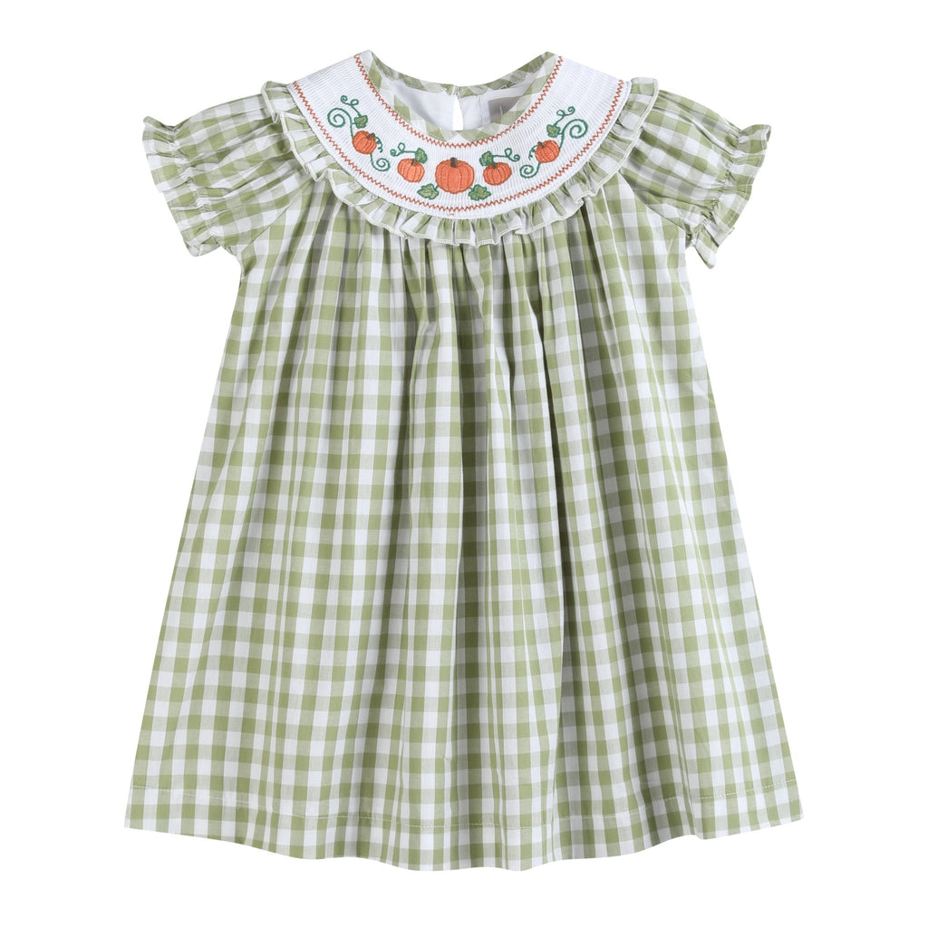 Sage Green Gingham Pumpkin Smocked Bishop Dress - Lil Cactus