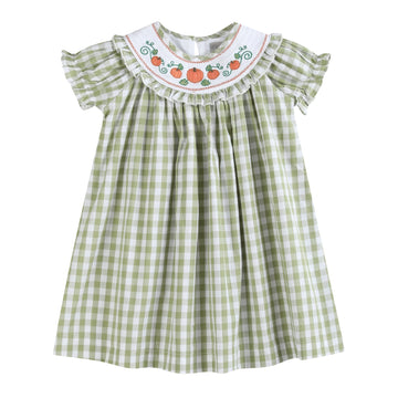 Sage Green Gingham Pumpkin Smocked Bishop Dress - Lil Cactus