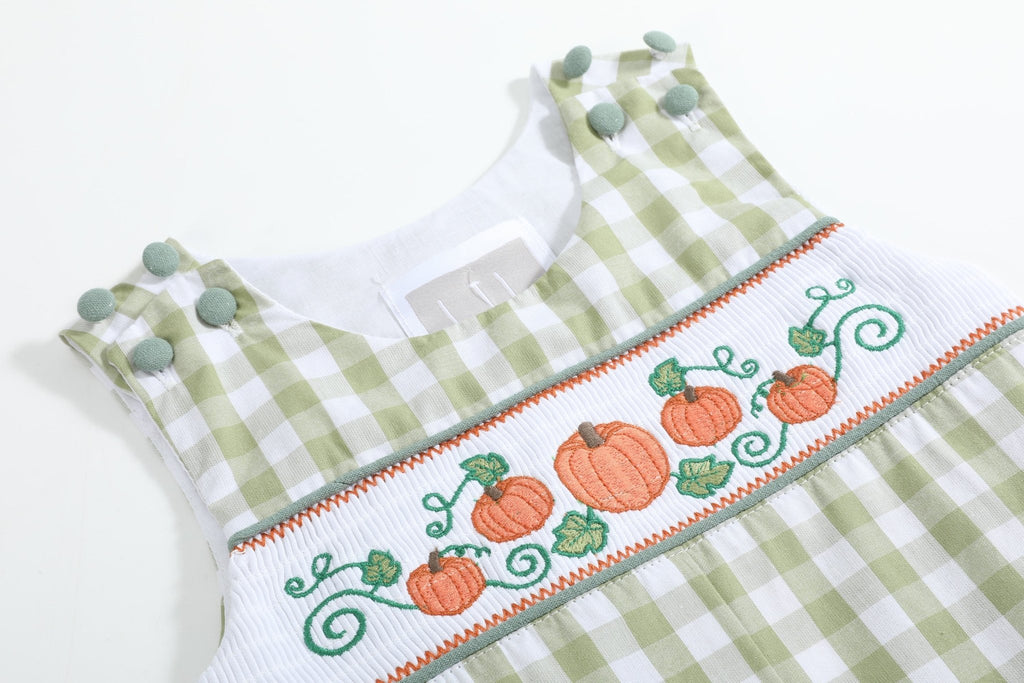 Sage Green Gingham Pumpkin Smocked Overalls - Lil Cactus