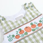 Sage Green Gingham Pumpkin Smocked Overalls - Lil Cactus