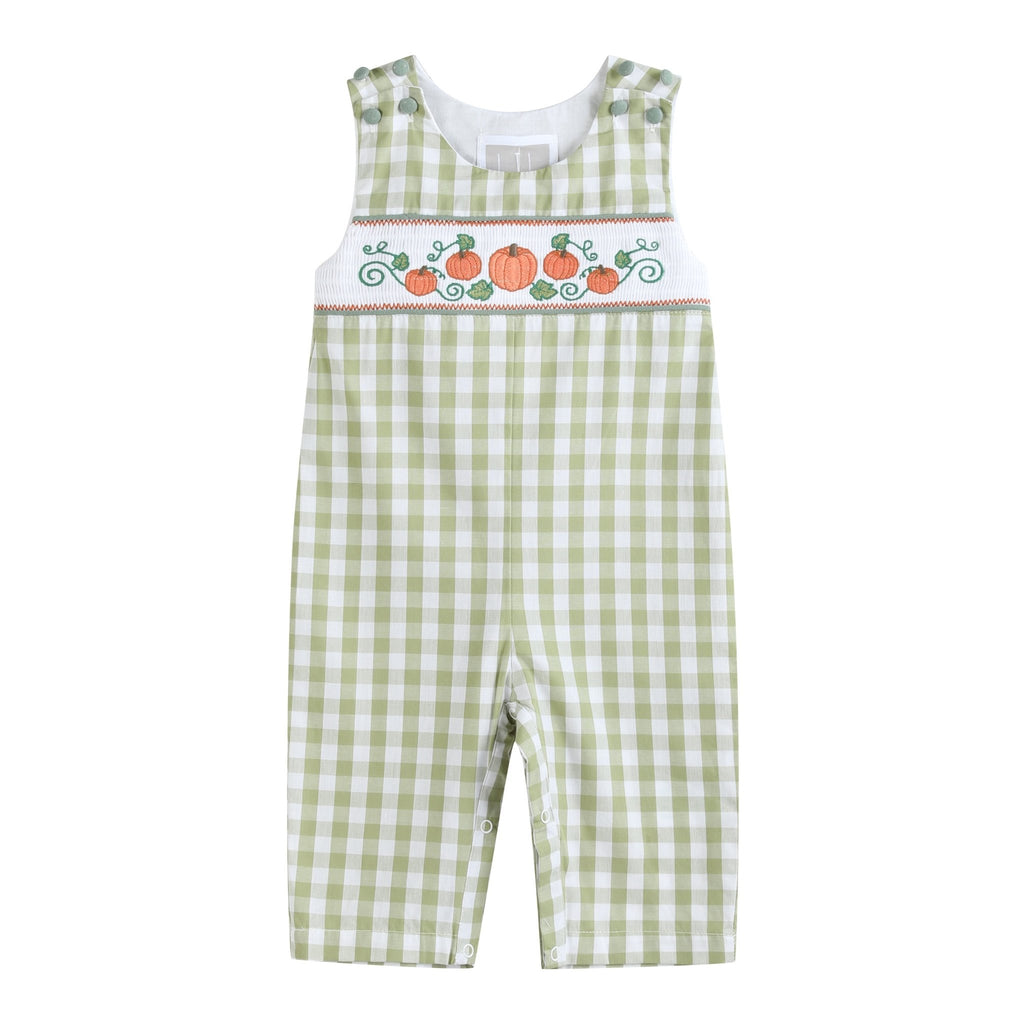 Sage Green Gingham Pumpkin Smocked Overalls - Lil Cactus