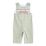 Sage Green Gingham Pumpkin Smocked Overalls - Lil Cactus