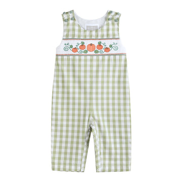 Sage Green Gingham Pumpkin Smocked Overalls - Lil Cactus