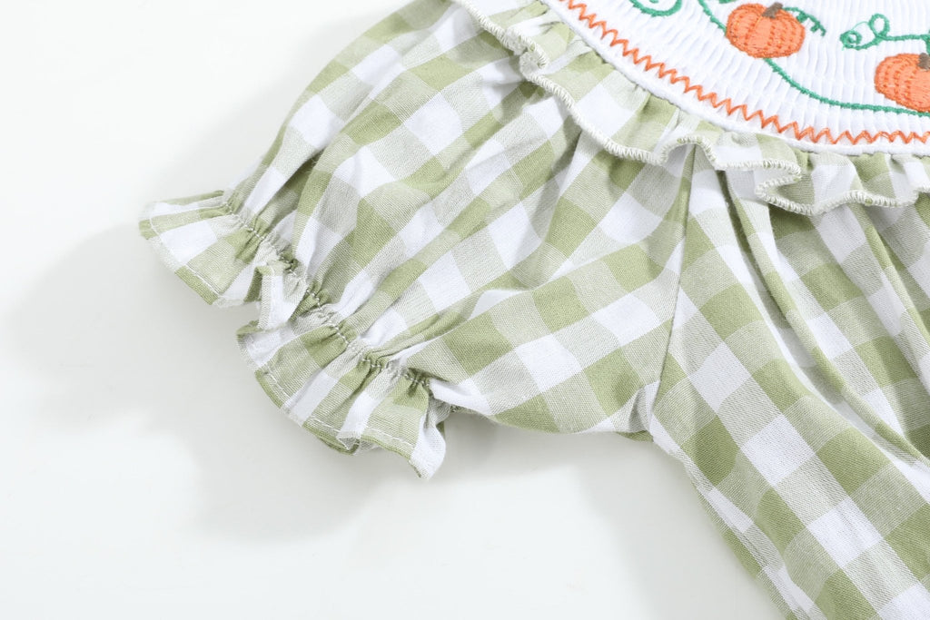 Sage Green Gingham Pumpkin Smocked Romper - Lil Cactus