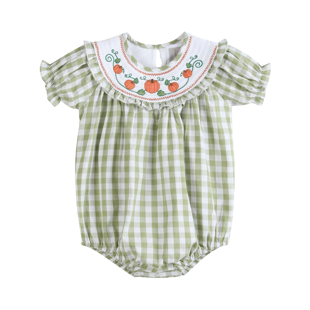 Sage Green Gingham Pumpkin Smocked Romper - Lil Cactus