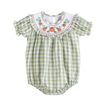 Sage Green Gingham Pumpkin Smocked Romper - Lil Cactus