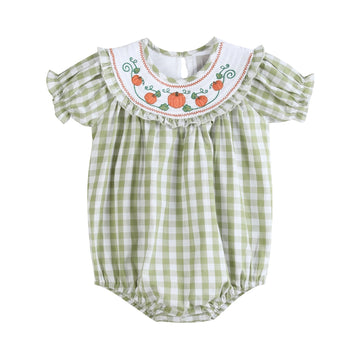 Sage Green Gingham Pumpkin Smocked Romper - Lil Cactus