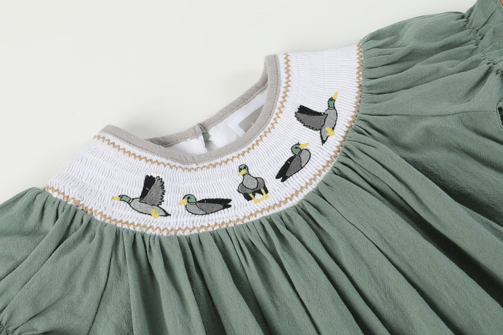 Sage Green Mallard Smocked Bishop Dress - Lil Cactus