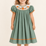 Sage Green Pumpkin Smocked Bishop Dress for Girls - Lil Cactus