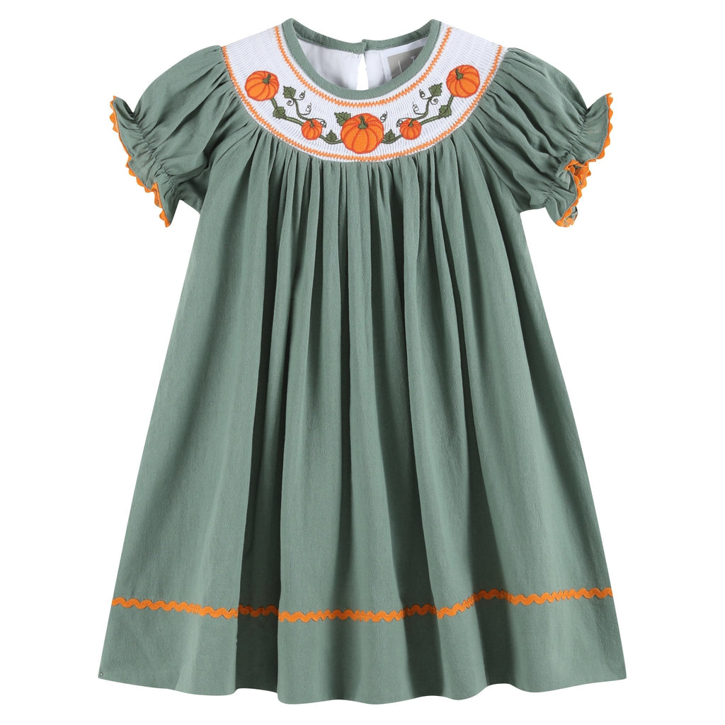 Sage Green Pumpkin Smocked Bishop Dress - Lil Cactus