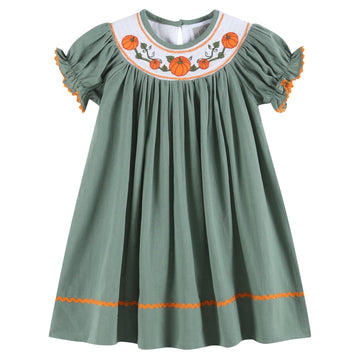 Sage Green Pumpkin Smocked Bishop Dress - Lil Cactus