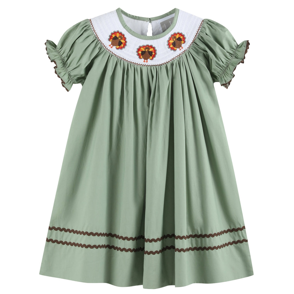Sage Green Turkey Smocked Bishop Dress - Lil Cactus
