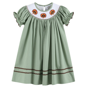 Sage Green Turkey Smocked Bishop Dress - Lil Cactus