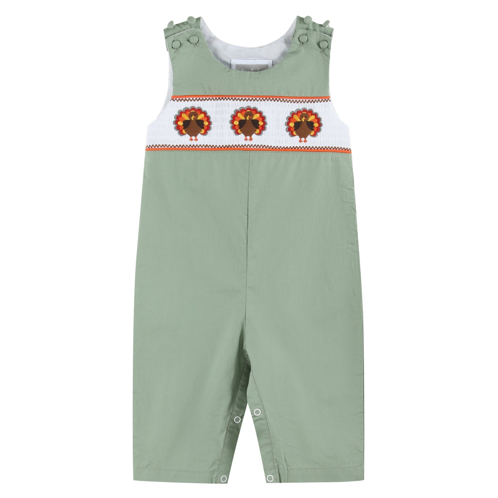 Sage Green Turkey Smocked Overalls - Lil Cactus