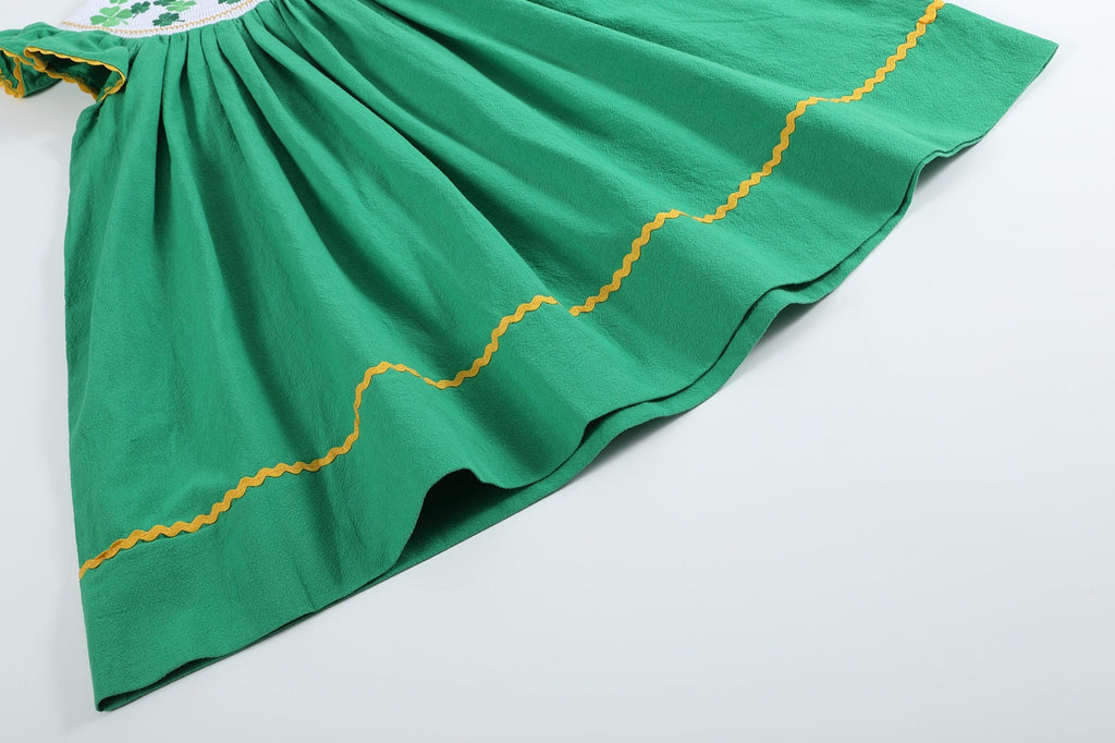 St. Patrick's Day Shamrock Green Smocked Bishop Dress - Lil Cactus