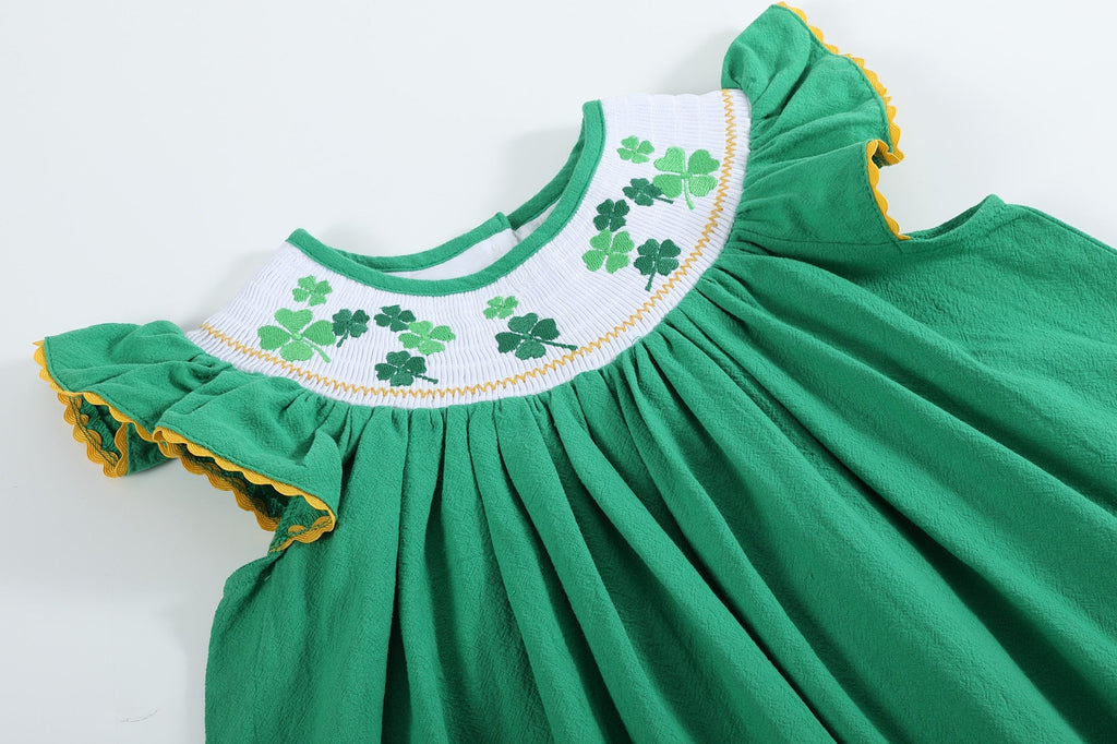St. Patrick's Day Shamrock Green Smocked Bishop Dress - Lil Cactus