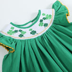 St. Patrick's Day Shamrock Green Smocked Bishop Dress - Lil Cactus