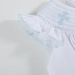 White and Blue Holy Smocked Bishop Dress - Lil Cactus