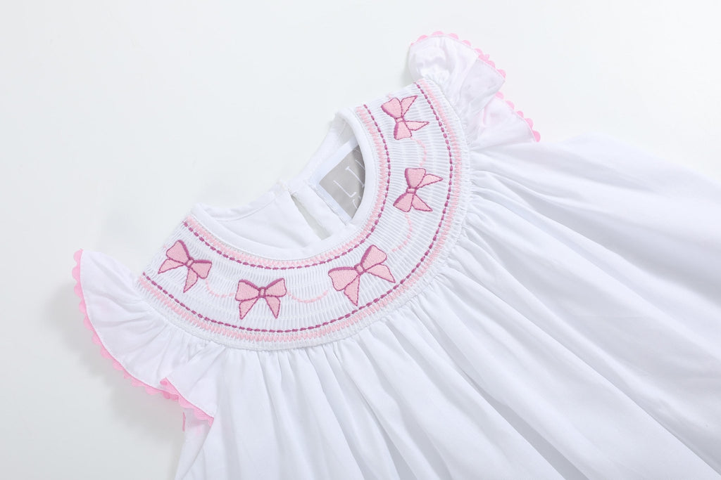 White and Pink Bows Smocked Bishop Dress - Lil Cactus