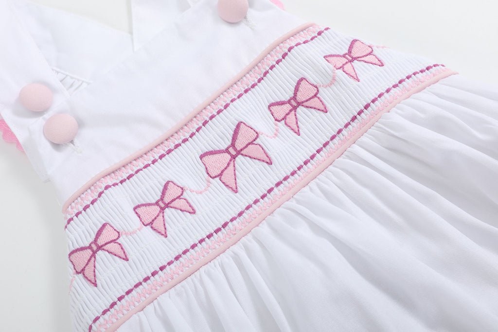 White and Pink Bows Smocked Ruffle Romper - Lil Cactus