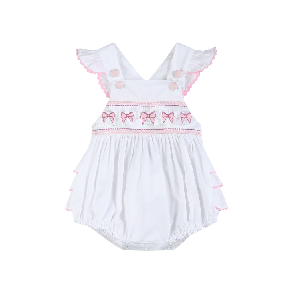 White and Pink Bows Smocked Ruffle Romper - Lil Cactus