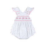 White and Pink Bows Smocked Ruffle Romper - Lil Cactus