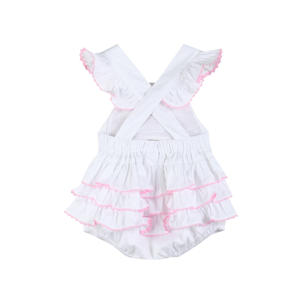 White and Pink Bows Smocked Ruffle Romper - Lil Cactus