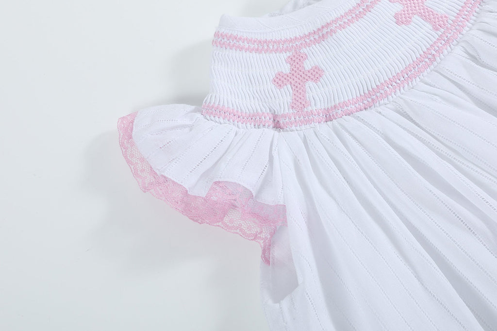 White and Pink Cross Smocked Bishop Dress - Lil Cactus