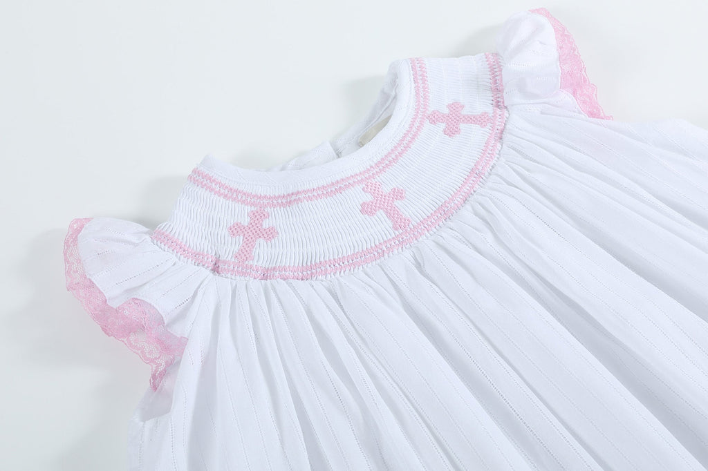 White and Pink Cross Smocked Bishop Dress - Lil Cactus