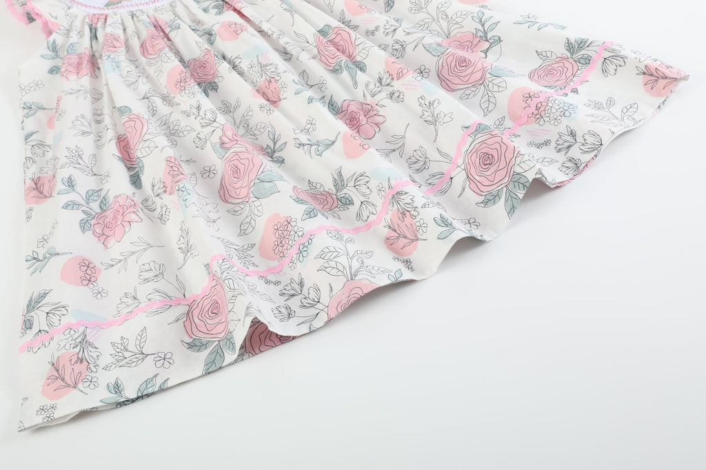 White and Pink Floral Smocked Bishop Dress - Lil Cactus