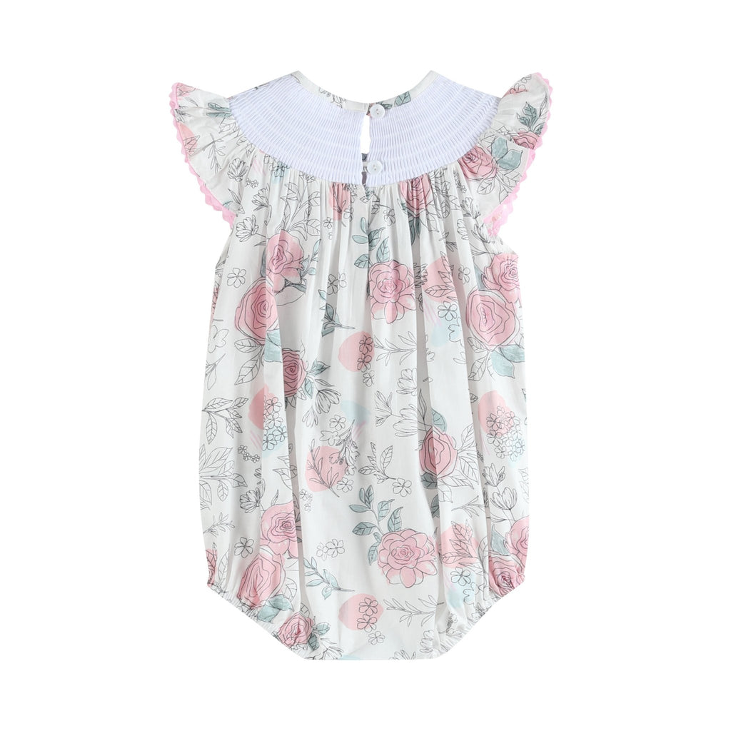 White and Pink Floral Smocked Flutter Romper - Lil Cactus