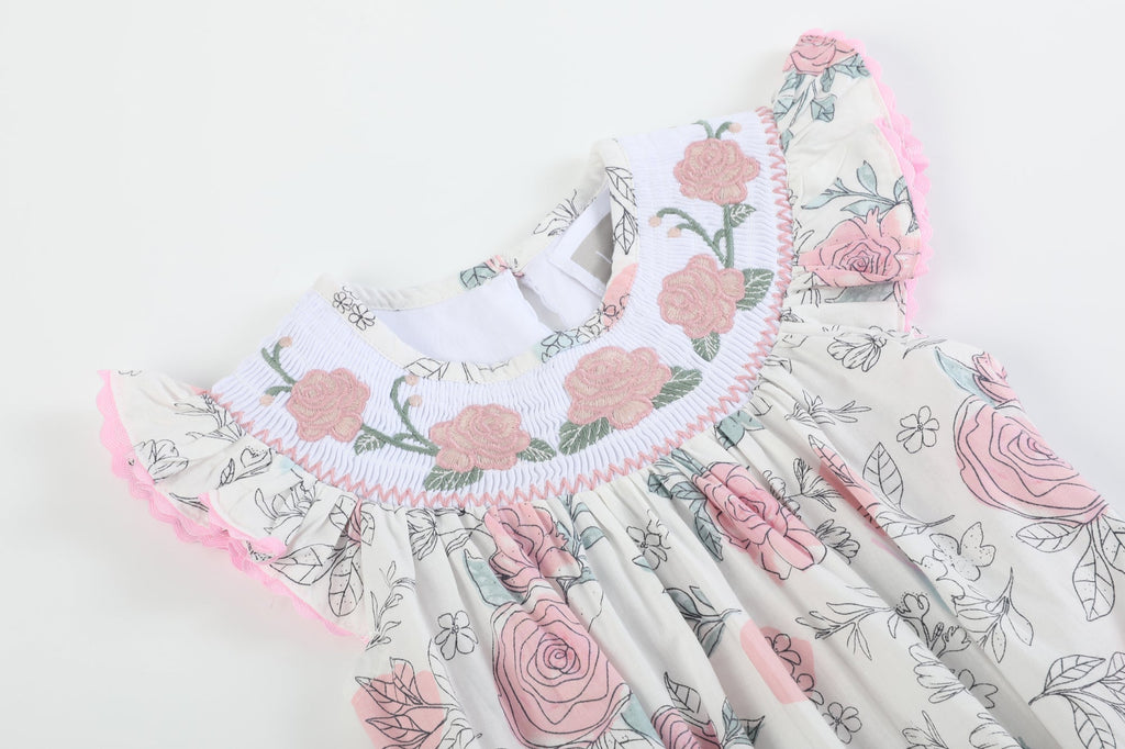 White and Pink Floral Smocked Flutter Romper - Lil Cactus