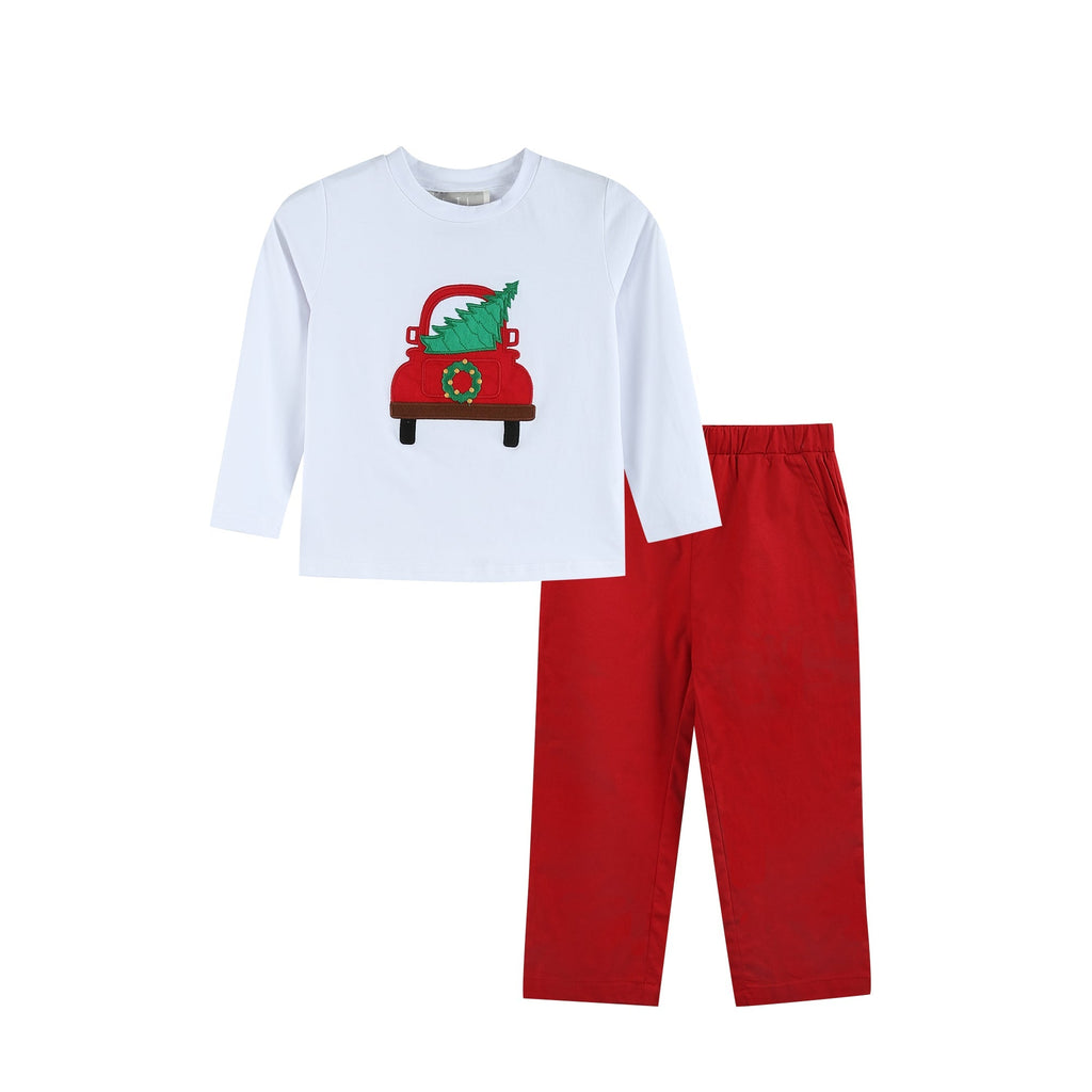 White Christmas Tree Truck Shirt and Red Pants Set - Lil Cactus