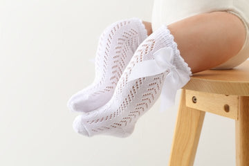 White Cotton/Poly Lace Knee High Socks with Bow - Lil Cactus
