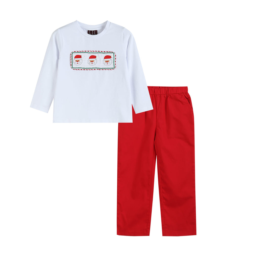 White Smocked Santa Long - Sleeve Tee & Red Pants - Lil Cactus