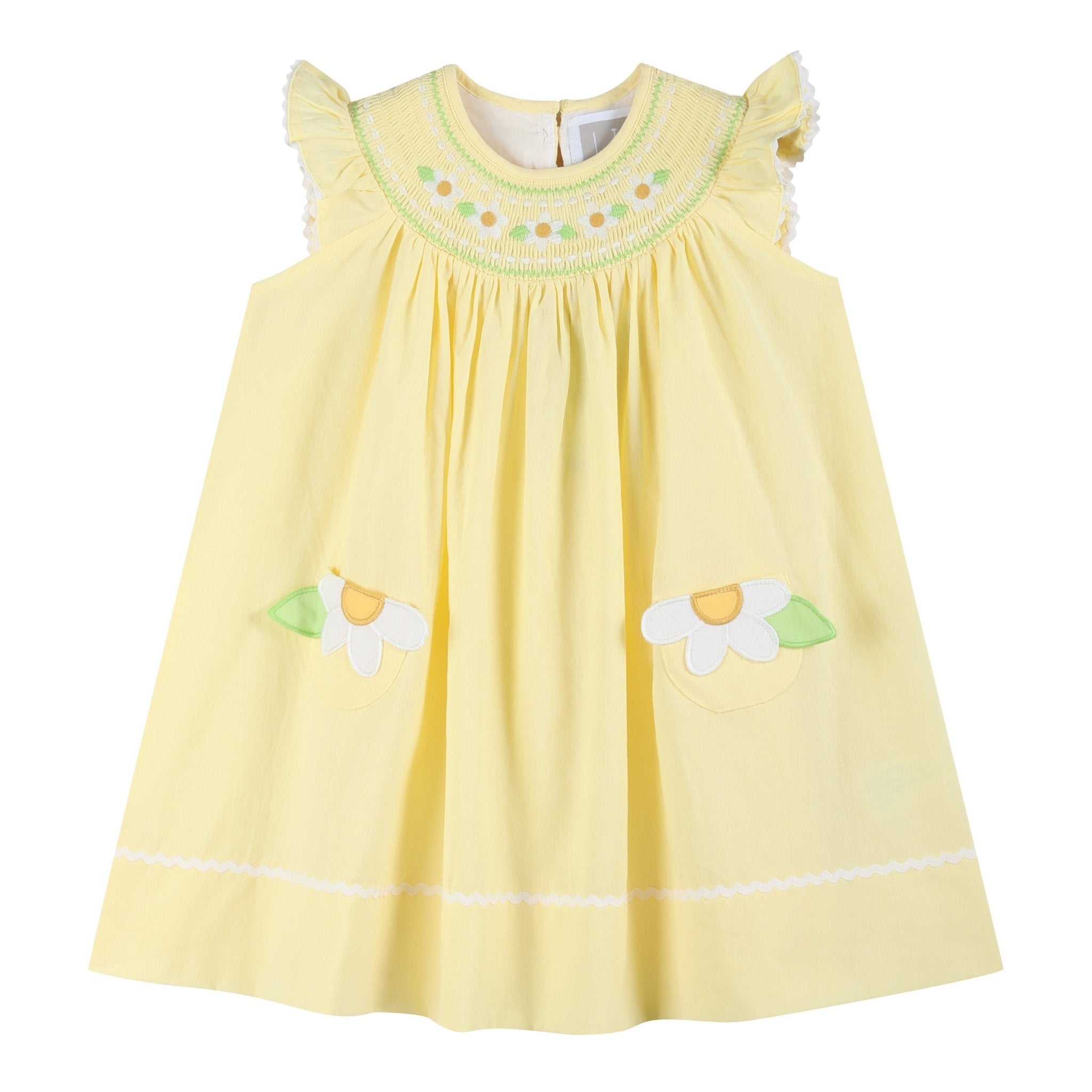 Yellow Daisy Pocketed Smocked Bishop Dress, 5Y