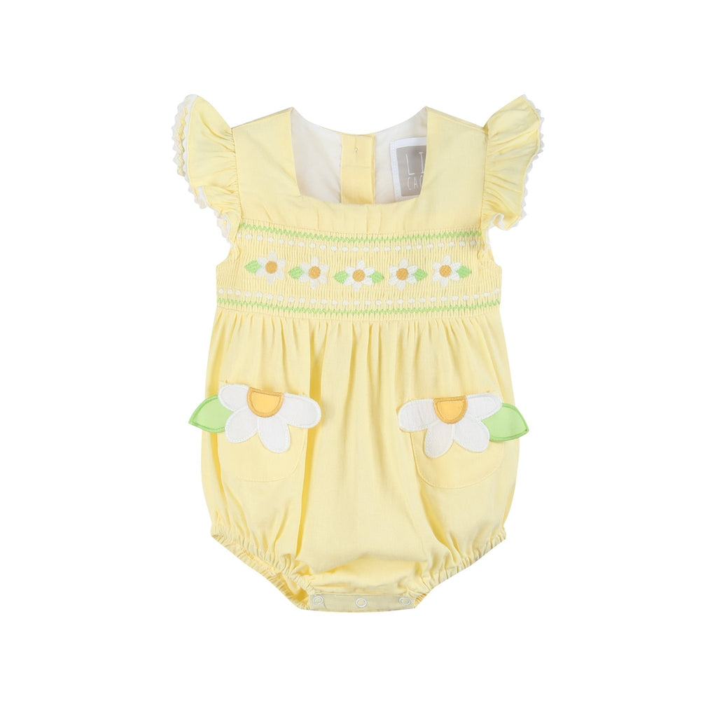 Yellow Daisy Pocketed Smocked Flutter Romper - Lil Cactus