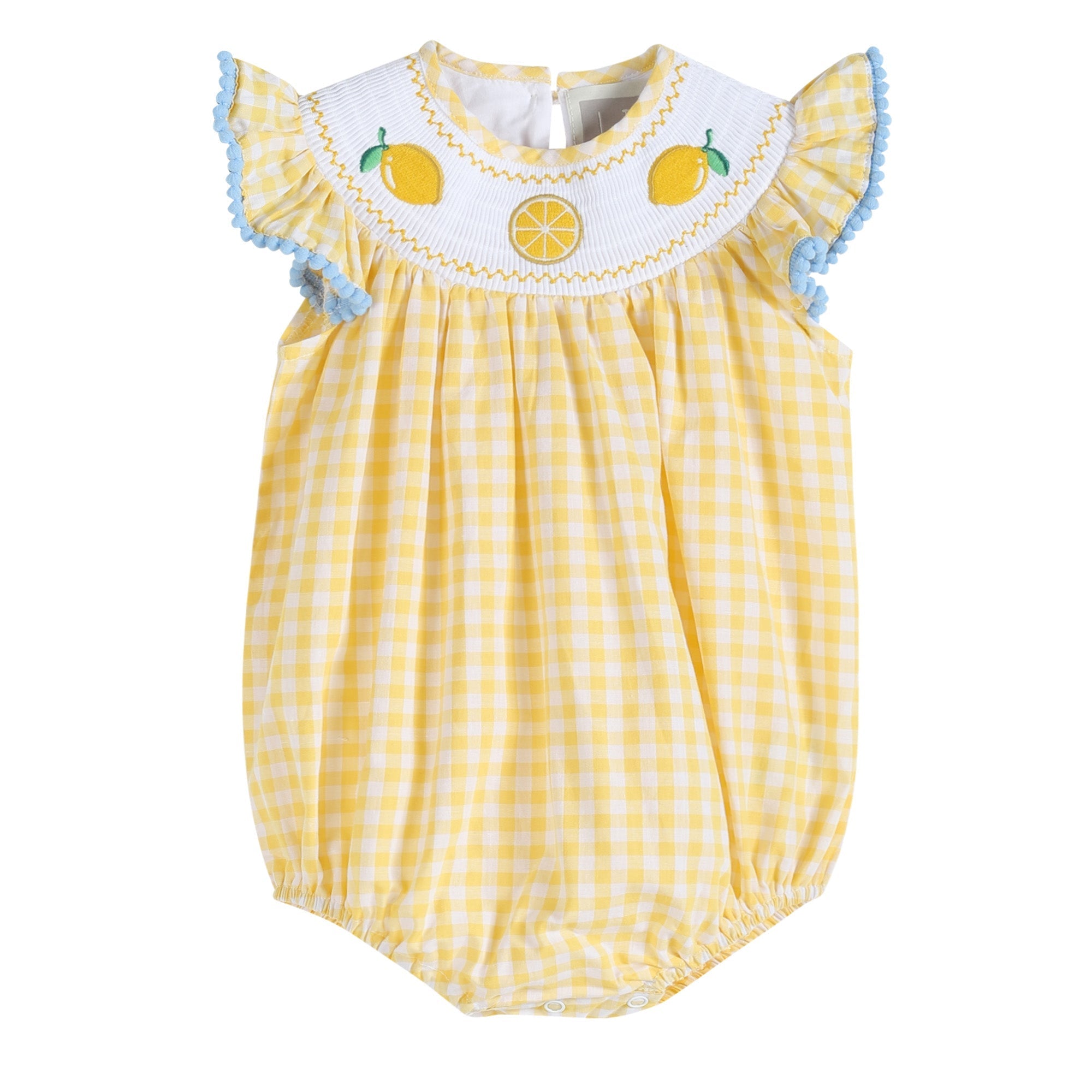 Yellow Gingham Lemon Smocked Flutter Romper | Lil Cactus