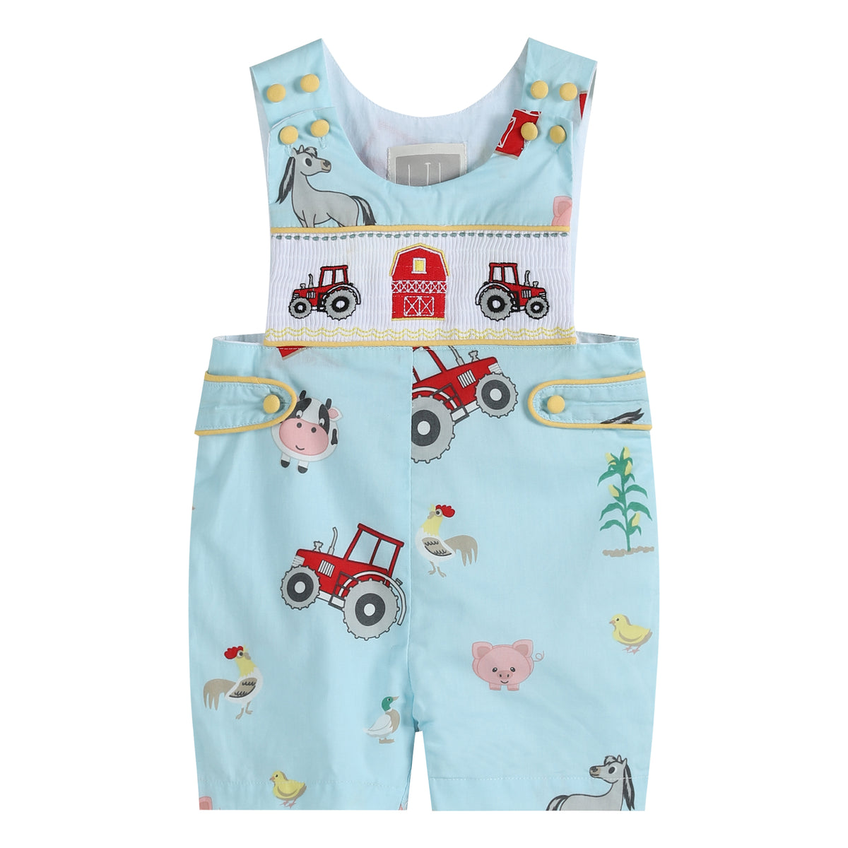 Light Blue Barnyard Print Tractor Smocked Jon Jons Lil Cactus