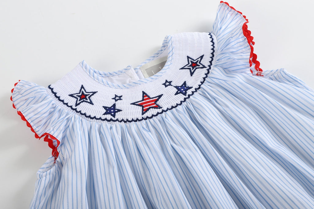 4th of July Blue Striped Stars Smocked Bishop Dress - Lil Cactus