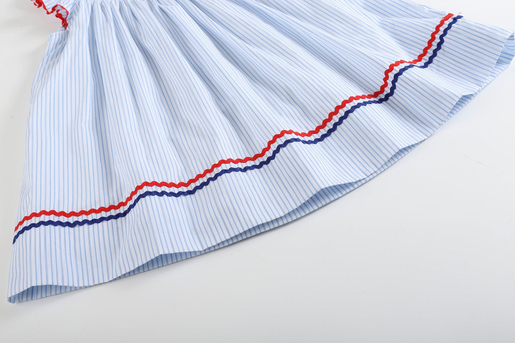 4th of July Blue Striped Stars Smocked Bishop Dress - Lil Cactus