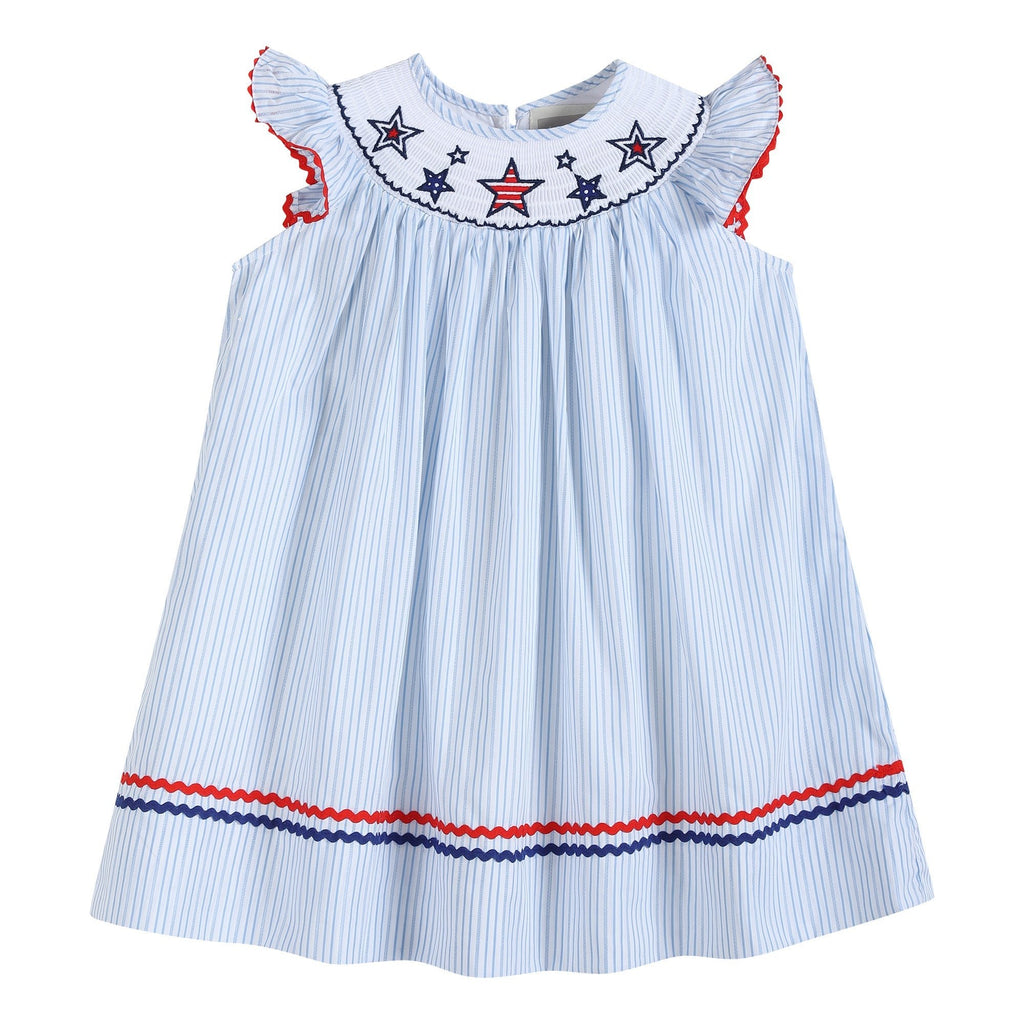 4th of July Blue Striped Stars Smocked Bishop Dress - Lil Cactus
