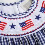 4th of July Royal Blue Gingham American Flag Smocked Bishop Dress - Lil Cactus